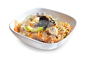 Spicy glass noodles with beef, vegetables and eggs