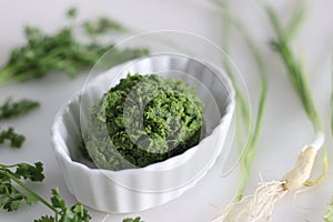 Spicy green garlic condiment, prepared with spring garlic, coriander leaves, green chillies and coconut oil