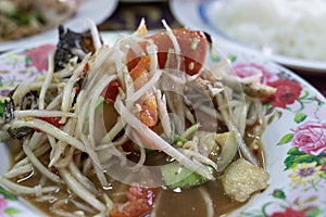 Spicy Green Papaya Salad Thai Cuisine, Som Tum, close up