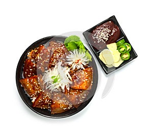 Spicy Grilled Pork Belly with Kochujang Sauce Dwaeji Bulgogi on Rice recipe ontop onionslice Spicy Korean BBQ