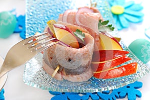 Spicy herring rolls with apple and gherkin for easter
