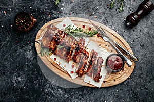 Spicy hot grilled spare ribs, Barbecue Pork Spare Ribs with BBQ sauce, banner, menu, recipe place for text, top view