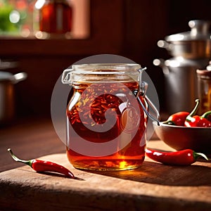 Spicy hot preserved chili oil in jar, homemade condiment