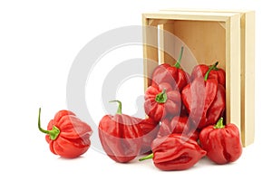 Spicy hot red habanero peppers in a wooden box
