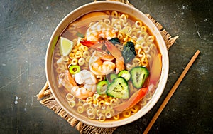 Spicy Instant Noodle Soup With Shrimp.