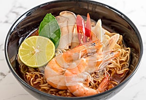 Spicy instant noodles soup with shrimp