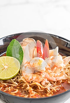 Spicy instant noodles soup with shrimp