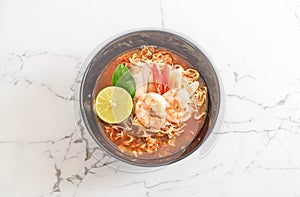 Spicy instant noodles soup with shrimp