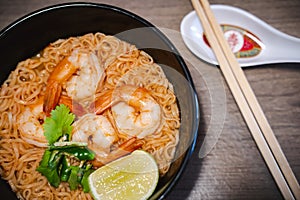 Spicy instant thai style noodles soup with shrimp tom yum kung