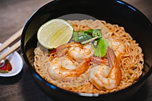 Spicy instant thai style noodles soup with shrimp tom yum kung