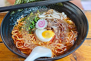Spicy Japanese ramen noodle soup with egg, Japanese food culture