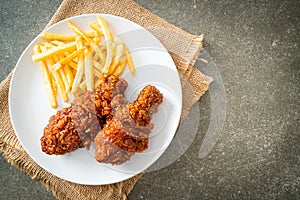 Spicy Korean fried chicken with fries