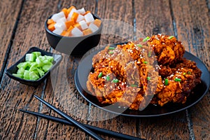 Spicy korean fried chicken with pickled radish