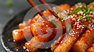 Spicy Korean tteokbokki rice cakes with sesame seeds and green onions photo