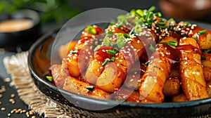 Spicy Korean tteokbokki rice cakes with sesame seeds and green onions photo