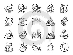 Spicy line icon set. Included the icons as Tom yum kung, Chili, Ghost pepper, seasoning, flavor, hot and more. photo