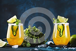 Spicy margarita cocktail with tequila, mango juice, jalapeno pepper, lime and salt, blue background, copy space