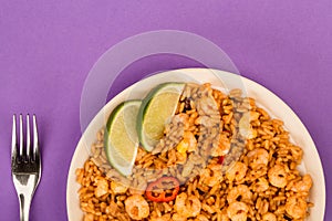 Spicy Mexican Rice With Fried Shrimps or Prawns And Lime