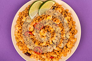 Spicy Mexican Rice With Fried Shrimps or Prawns And Lime