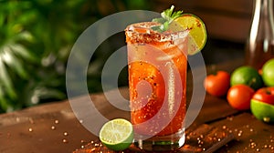 Spicy michelada cocktail with a chili rim and lime, traditional cinqo de mayo drinks. Mexican michelada beer drink with tomato