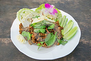 Spicy minced pork salad, minced pork mash with spicy, Thai food