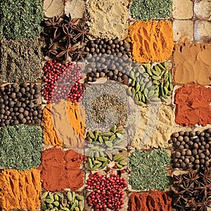 Spicy, multicolored aromatic spices , india cuisine, spice pattern