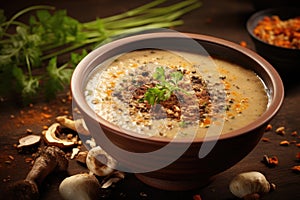 Spicy mushroom soup with in a bowl