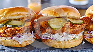 Spicy nashville hot chicken sandwich with coleslaw and pickles photo