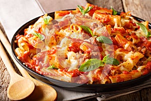 Spicy pasta ziti with minced meat, tomatoes, herbs and cheese cl