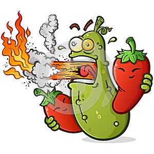 Spicy Pickle Cartoon with Hot Peppers Breathing Fire