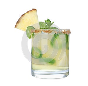 Spicy pineapple cocktail with jalapeno and mint isolated on white