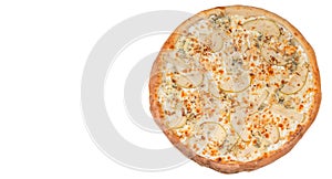 Spicy pizza with pear, nut and dorblu cheese isolated on white background. Top view photo