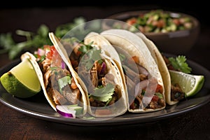 A spicy plate of tacos with tender meat or flavorful vegetables.