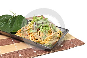 Spicy Pork Fried Rice on napery isolated on white background