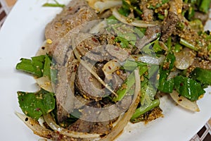 Spicy pork liver salad Tub Wan is a Thai Esan food