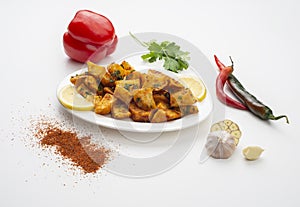 Spicy potato cut in cubes and fried, lebanese cuisine