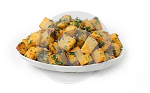 Spicy potato cut in cubes and fried, lebanese cuisine