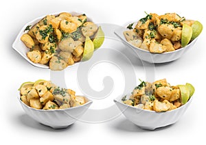 Spicy potato cut in cubes and fried, lebanese cuisine, Set of Spicy Potato, Clipping Path Included