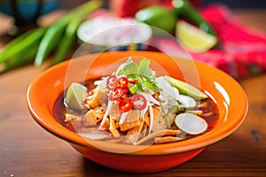 spicy pozole rojo close-up with chili garnish