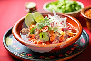 spicy pozole rojo close-up with chili garnish