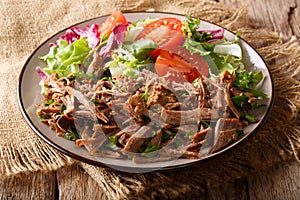 spicy pulled beef with vegetable salad close-up on a table. horizontal