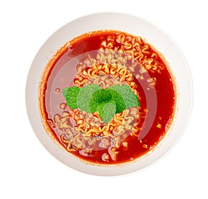 Spicy Ramen, Red Hot Noodle Soup in White Bowl Isolated Top View, Hot Chili Pepper Ramen