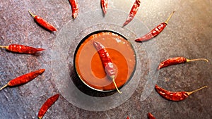 Spicy red chili sauce in bowl