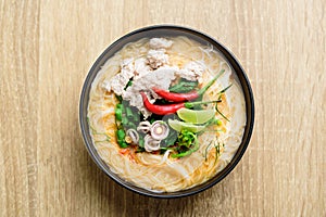 Spicy rice noodles soup with spices and herbs Thai Tom Yum