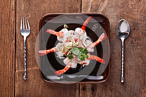 Spicy Salad with Shrimp,Ready to eat. On The Table