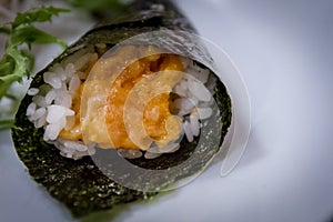 Spicy salmon temaki at the japanese restaurant