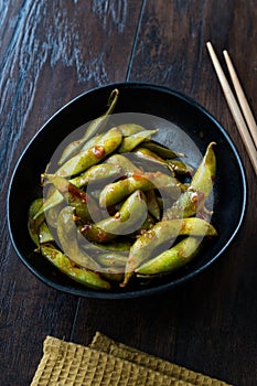 Spicy Sambal Edamame with Chopsticks / Spiced Style with Red Hot Chili Sauce