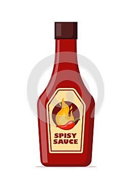 Spicy sauce in red bottle. Ketchup, hot tomato and chili sauce in bottle, red chili pepper and yellow fire on label. Vector