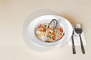 Spicy seafood spaghetti aglio olio. Food on table concept