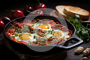 Spicy Shakshuka in frying pan. Generate Ai